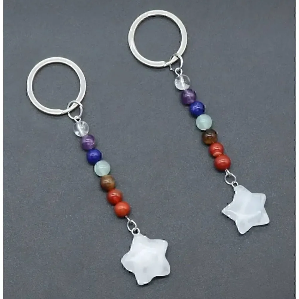 Natural Healing Crystal Star Chakra Bead Keychain NEW!